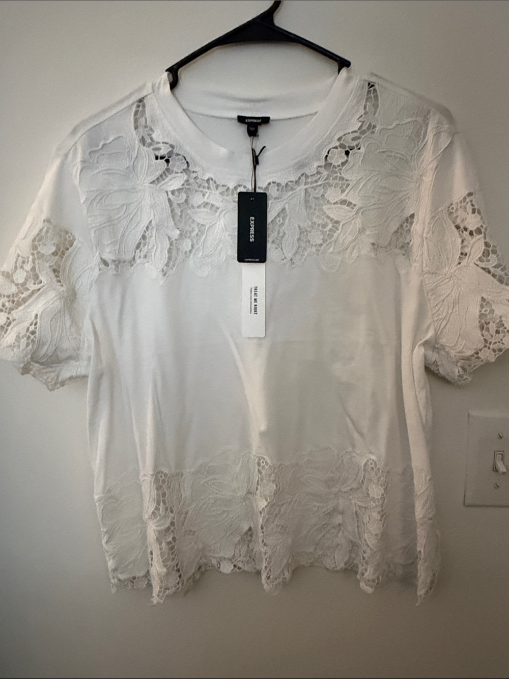 Express White Lace Inset Short Sleeve Tee